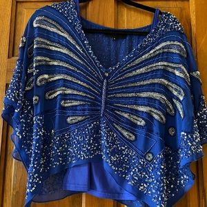Momo Blue Embellished Top with Attached Camisole, Size S
